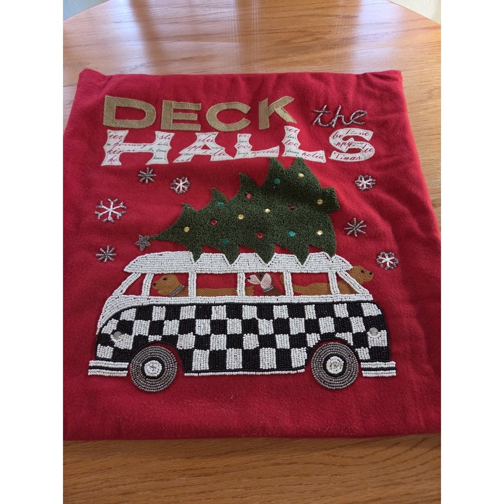 Mackenzie-Childs Christmas Wool Beaded Pillowcover 22x22 Dogs on Bus